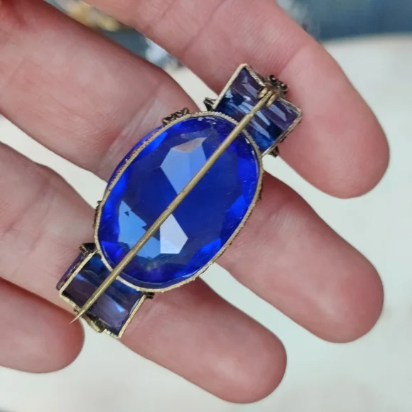 Antique Victorian Blue Czech Glass Ornate Brooch - Picture 8 of 8